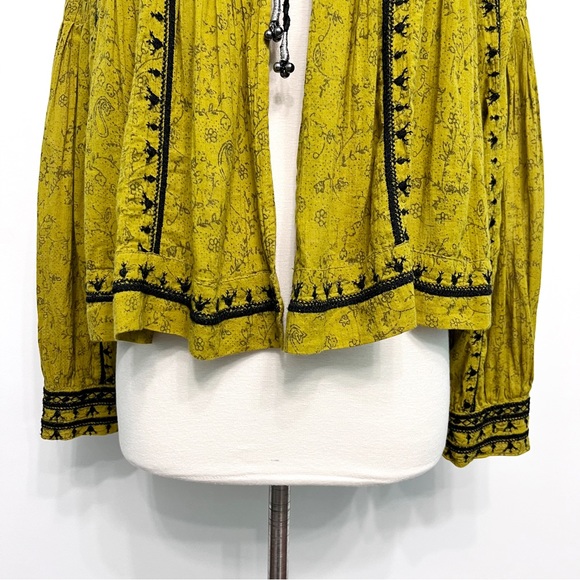 free people | twilight folk embroidered jacket tie-front closure chartreuse s - Picture 4 of 16